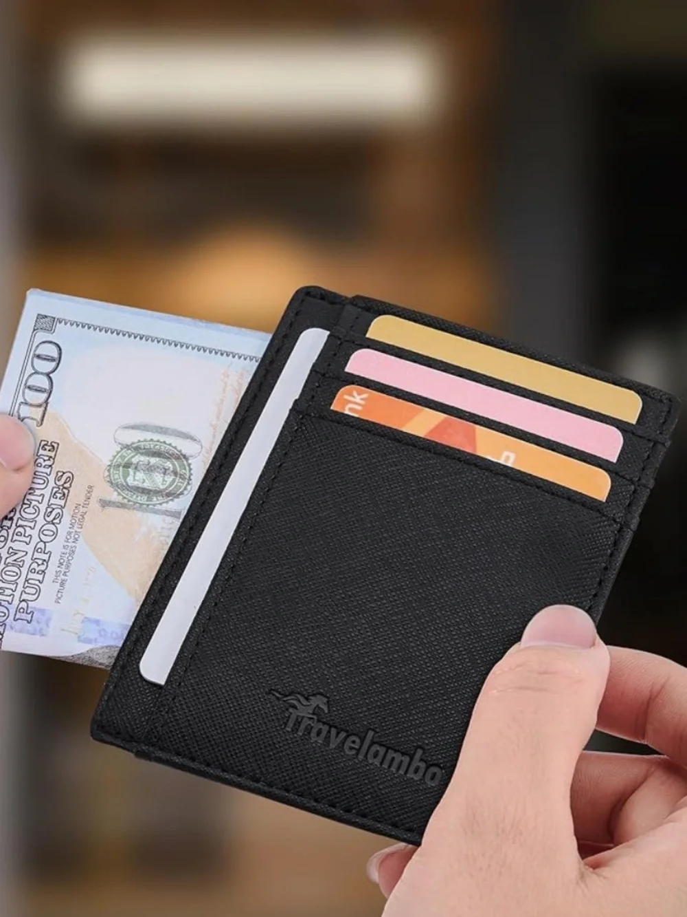 Travelambo Men’s Cross Grain Black Slim Card Holder Minimalist